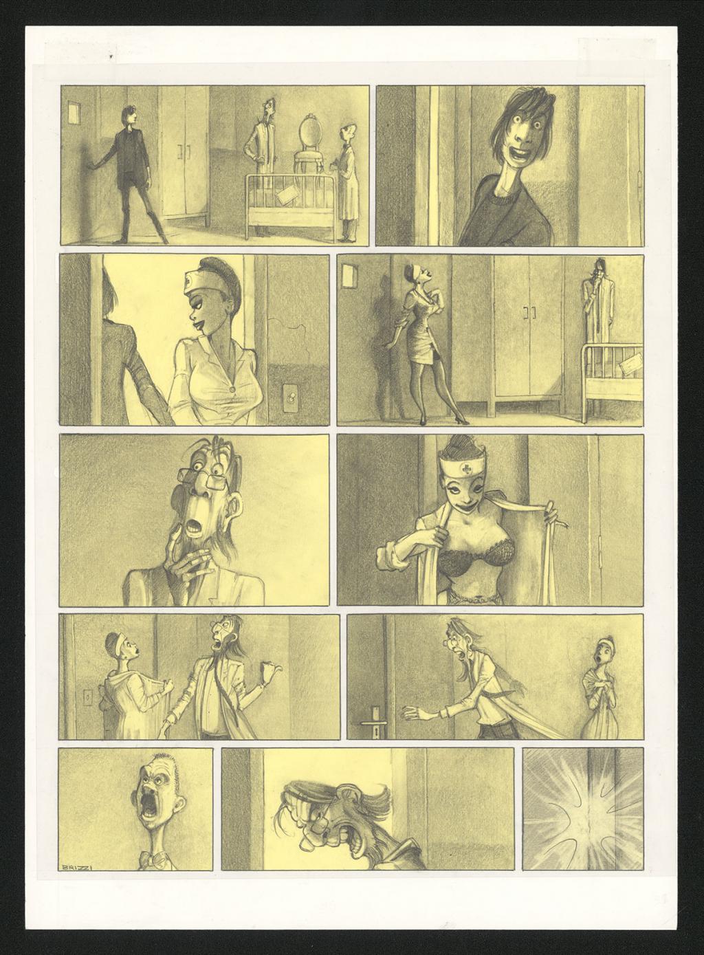 Planche originale n°35 et sa première étape noir et blanc (page 39) - Paul & Gaëtan Brizzi - Aquarelle et crayon de cire sur papier Arches - 6299