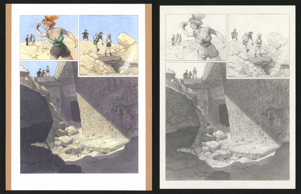 Planche originale n°40 et sa première étape noir et blanc (page 44) - Paul & Gaëtan Brizzi - Aquarelle et crayon de cire sur papier Arches - 6300