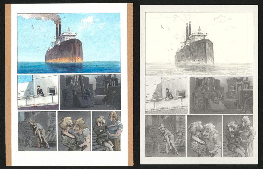 Planche originale n°41 et sa première étape noir et blanc (page 45) - Paul & Gaëtan Brizzi - Aquarelle et crayon de cire sur papier Arches - 6465