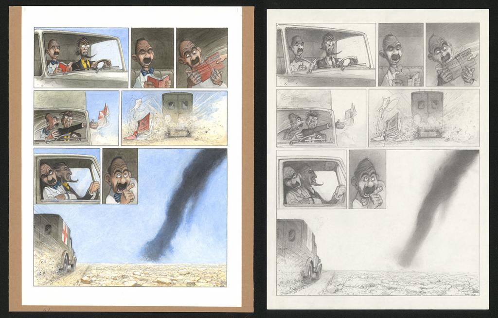 Planche originale n°44 et sa première étape noir et blanc (page 48) - Paul & Gaëtan Brizzi - Aquarelle et crayon de cire sur papier Arches - 6301