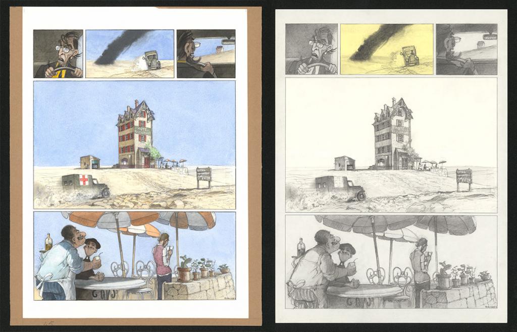 Planche originale n°45 et sa première étape noir et blanc (page 49) - Paul & Gaëtan Brizzi - Aquarelle et crayon de cire sur papier Arches - 6466