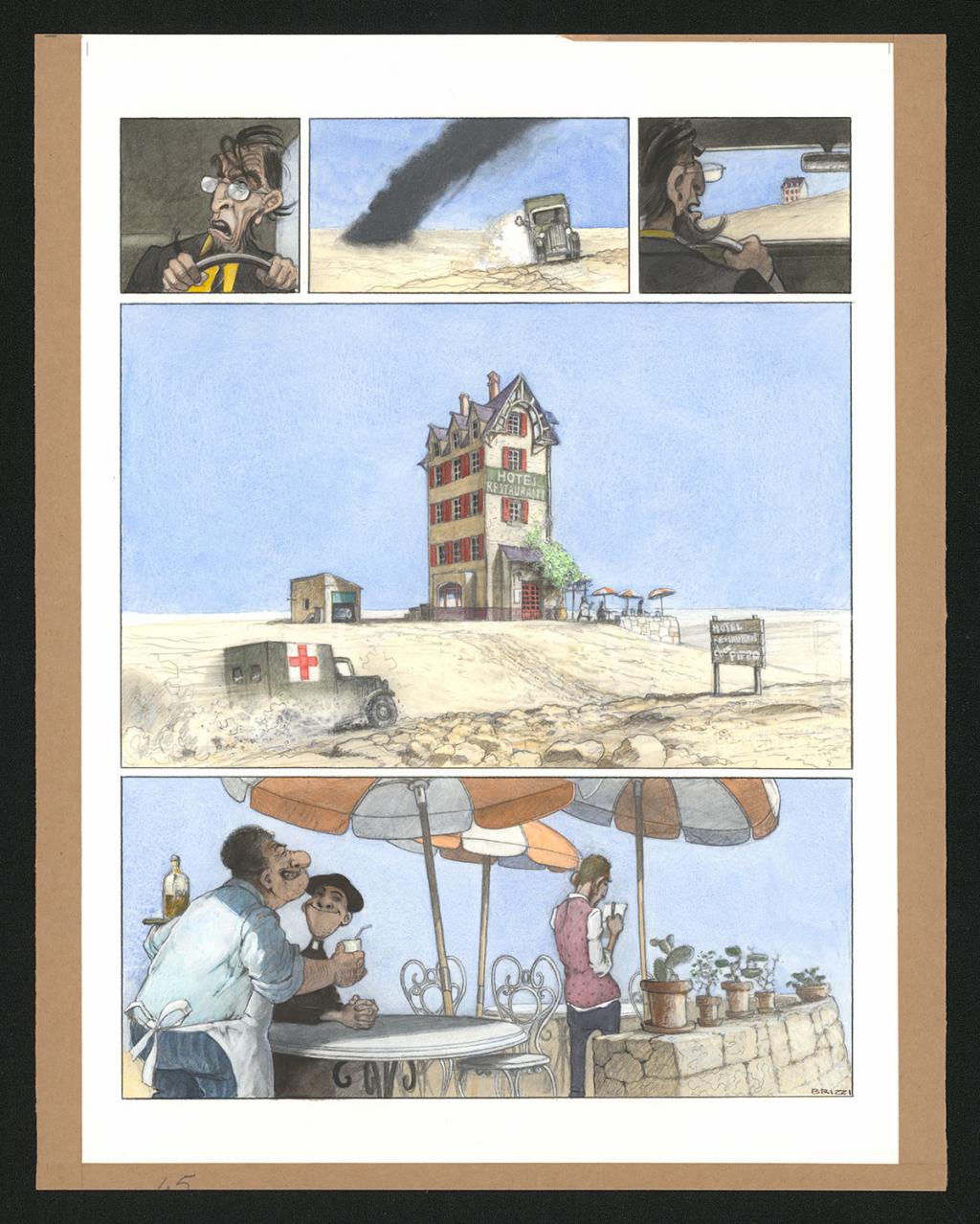 Planche originale n°45 et sa première étape noir et blanc (page 49) - Paul & Gaëtan Brizzi - Aquarelle et crayon de cire sur papier Arches - 6466