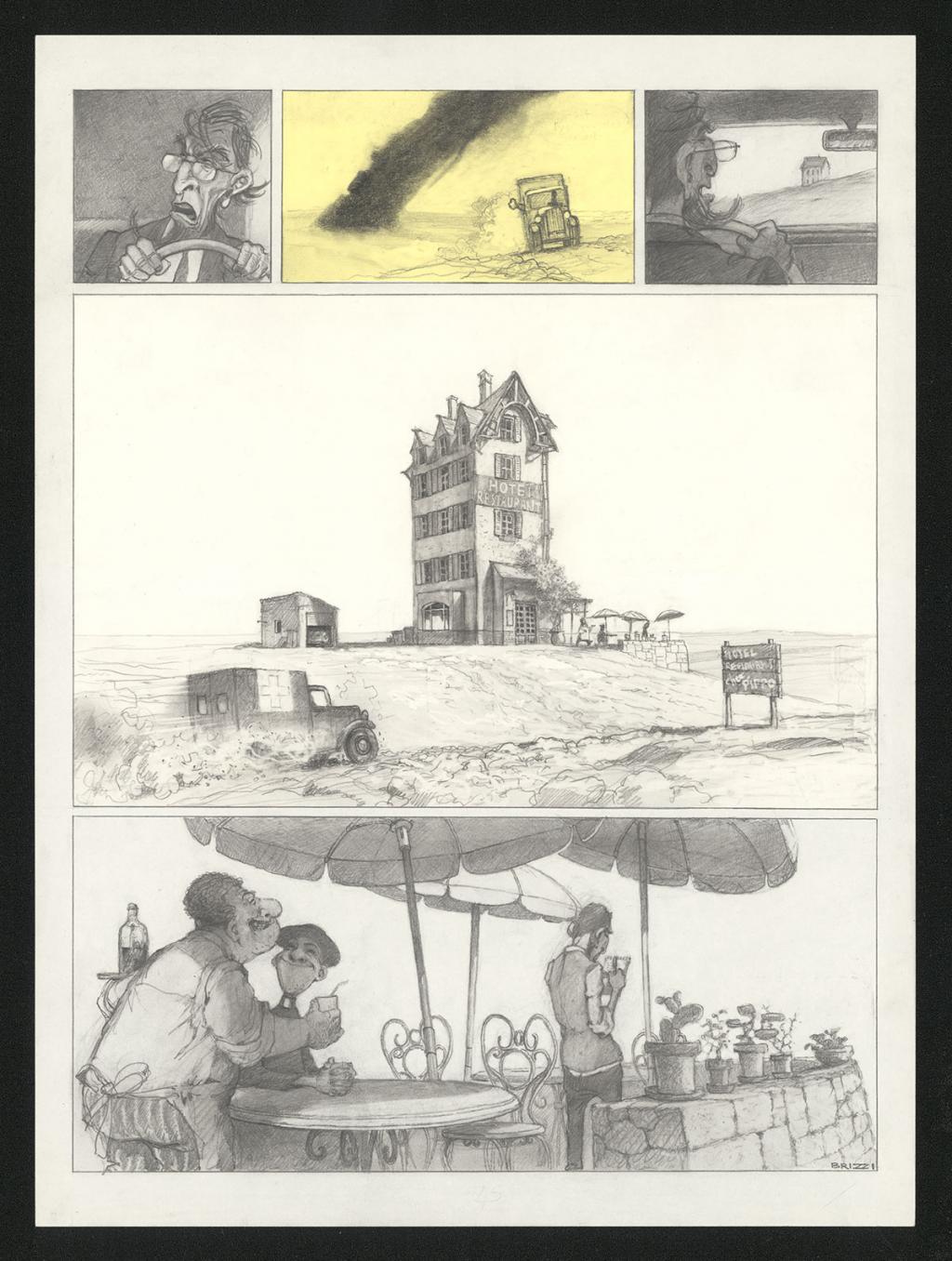 Planche originale n°45 et sa première étape noir et blanc (page 49) - Paul & Gaëtan Brizzi - Aquarelle et crayon de cire sur papier Arches - 6466