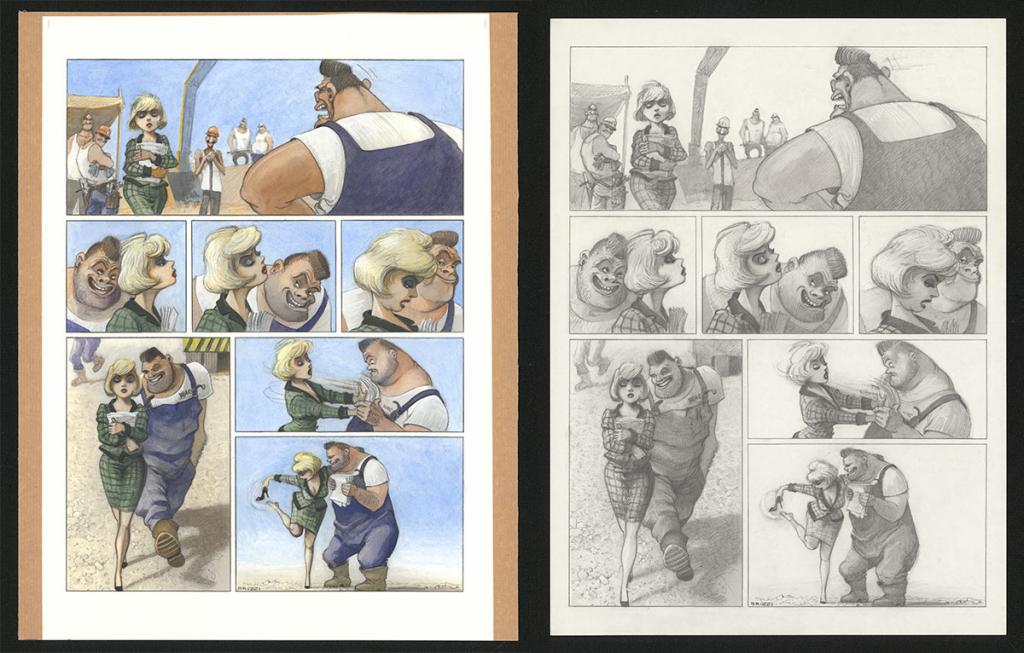 Planche originale n°55 et sa première étape noir et blanc (page 59) - Paul & Gaëtan Brizzi - Aquarelle et crayon de cire sur papier Arches - 6302