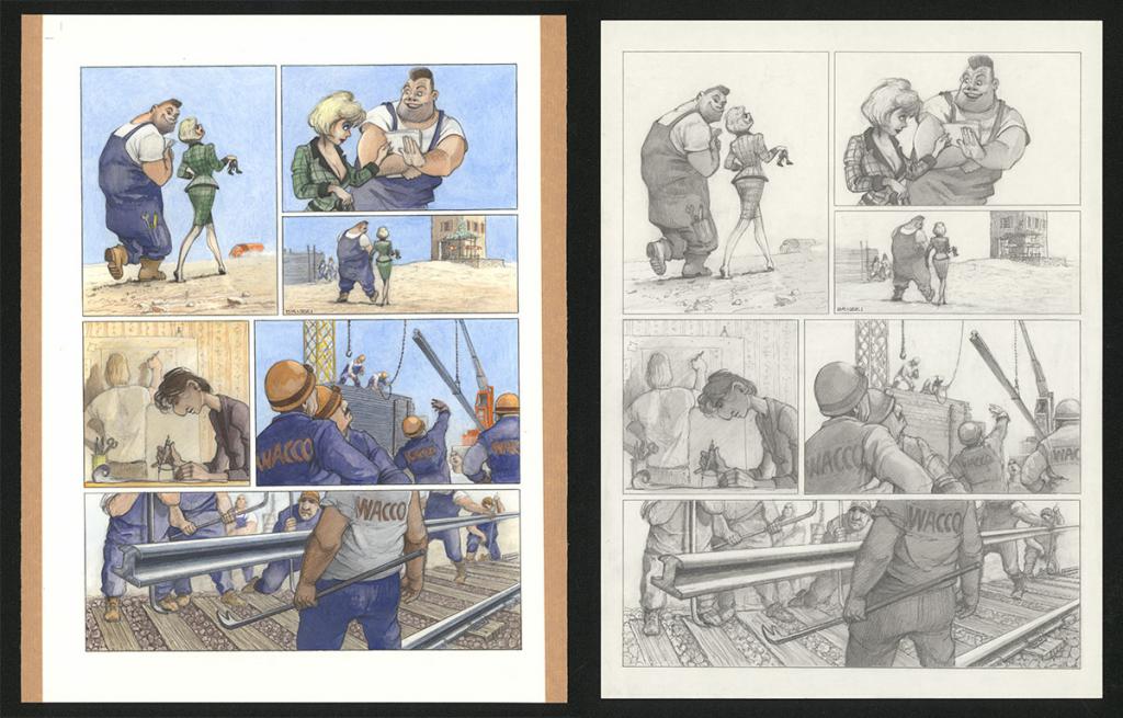 Planche originale n°56 et sa première étape noir et blanc (page 60) - Paul & Gaëtan Brizzi - Aquarelle et crayon de cire sur papier Arches - 6303