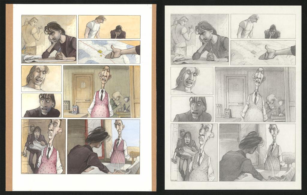 Planche originale n°58 et sa première étape noir et blanc (page 62) - Paul & Gaëtan Brizzi - Aquarelle et crayon de cire sur papier Arches - 6304