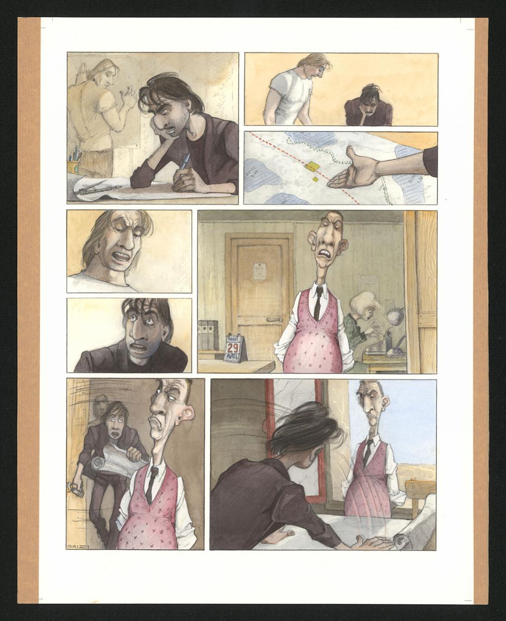 Planche originale n°58 et sa première étape noir et blanc (page 62) - Paul & Gaëtan Brizzi - Aquarelle et crayon de cire sur papier Arches - 6304