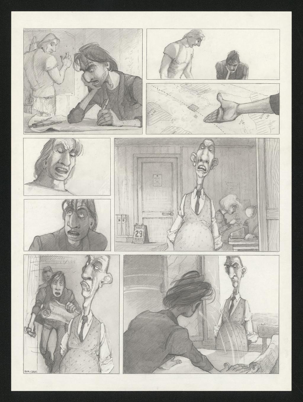 Planche originale n°58 et sa première étape noir et blanc (page 62) - Paul & Gaëtan Brizzi - Aquarelle et crayon de cire sur papier Arches - 6304