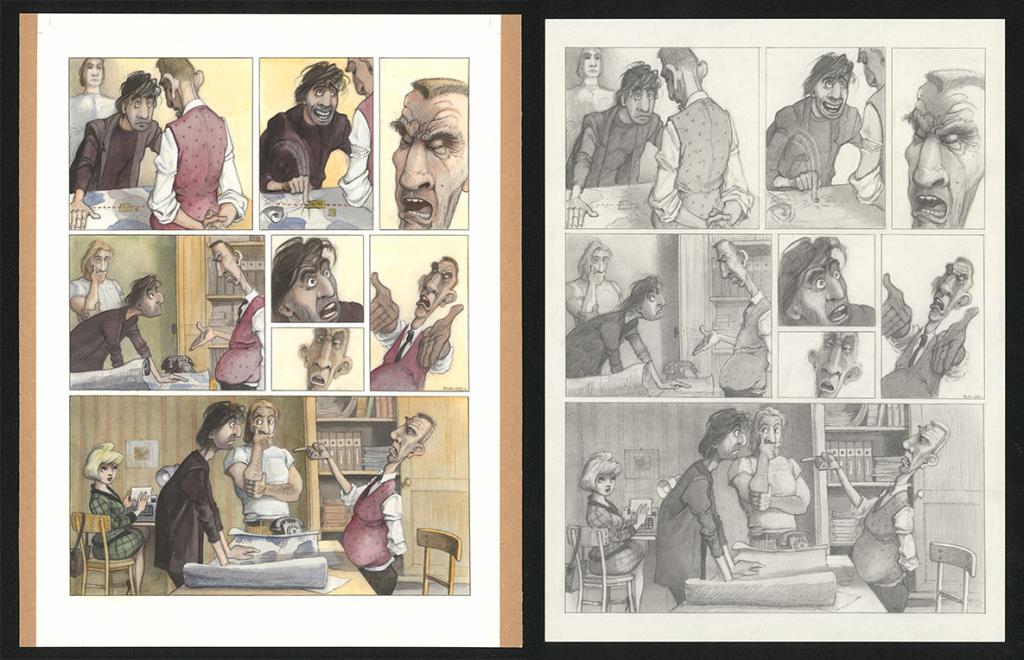 Planche originale n°59 et sa première étape noir et blanc (page 63) - Paul & Gaëtan Brizzi - Aquarelle et crayon de cire sur papier Arches - 6305