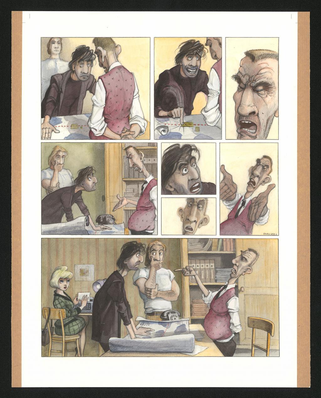 Planche originale n°59 et sa première étape noir et blanc (page 63) - Paul & Gaëtan Brizzi - Aquarelle et crayon de cire sur papier Arches - 6305