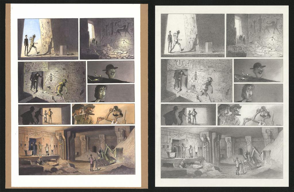 Planche originale n°72 et sa première étape noir et blanc (page 76) - Paul & Gaëtan Brizzi - Aquarelle et crayon de cire sur papier Arches - 6467