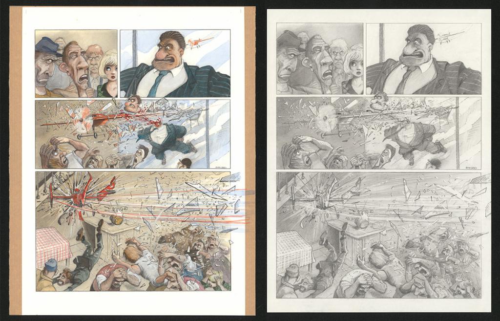 Planche originale n°76 et sa première étape noir et blanc (page 80) - Paul & Gaëtan Brizzi - Aquarelle et crayon de cire sur papier Arches - 6307