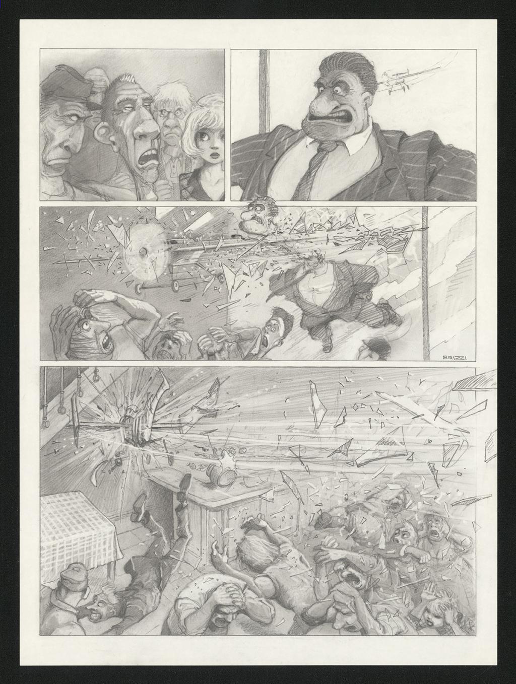 Planche originale n°76 et sa première étape noir et blanc (page 80) - Paul & Gaëtan Brizzi - Aquarelle et crayon de cire sur papier Arches - 6307