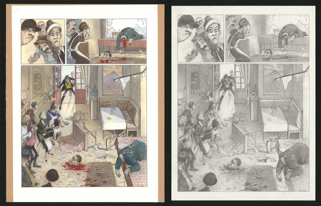 Planche originale n°77 et sa première étape noir et blanc (page 81) - Paul & Gaëtan Brizzi - Aquarelle et crayon de cire sur papier Arches - 6468