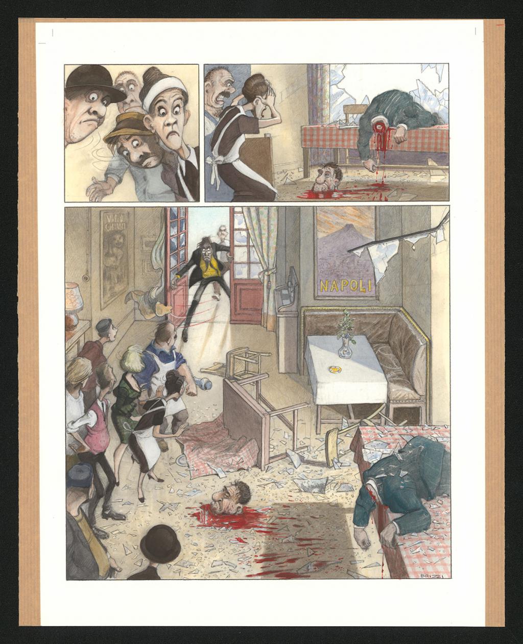 Planche originale n°77 et sa première étape noir et blanc (page 81) - Paul & Gaëtan Brizzi - Aquarelle et crayon de cire sur papier Arches - 6468