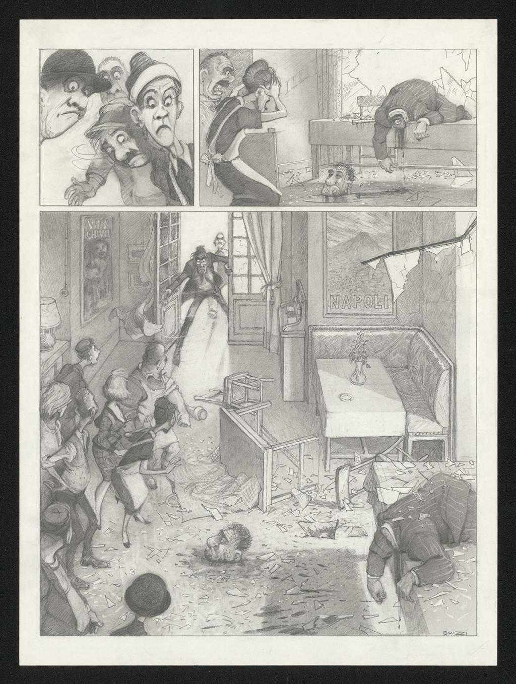 Planche originale n°77 et sa première étape noir et blanc (page 81) - Paul & Gaëtan Brizzi - Aquarelle et crayon de cire sur papier Arches - 6468