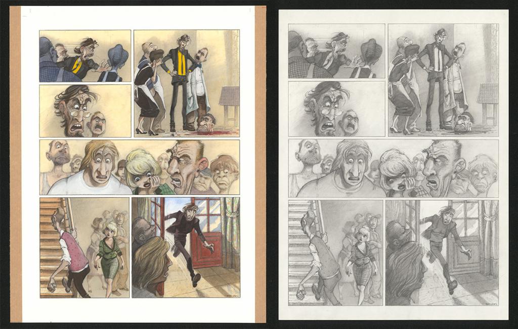 Planche originale n°78 et sa première étape noir et blanc (page 82) - Paul & Gaëtan Brizzi - Aquarelle et crayon de cire sur papier Arches - 6386