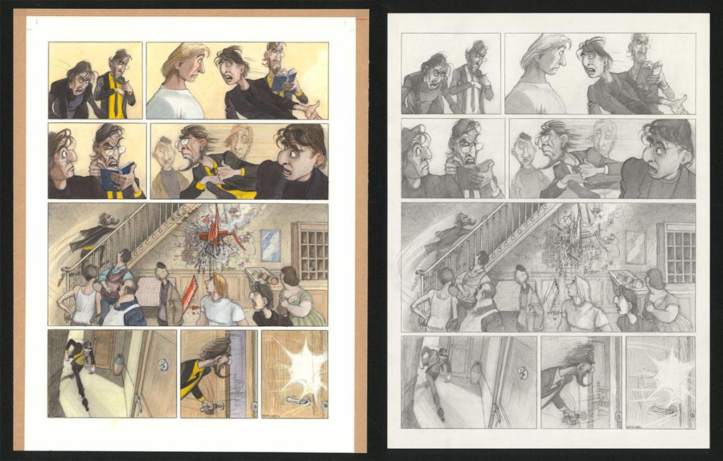 Planche originale n°79 et sa première étape noir et blanc (page 83) - Paul & Gaëtan Brizzi - Aquarelle et crayon de cire sur papier Arches - 6385