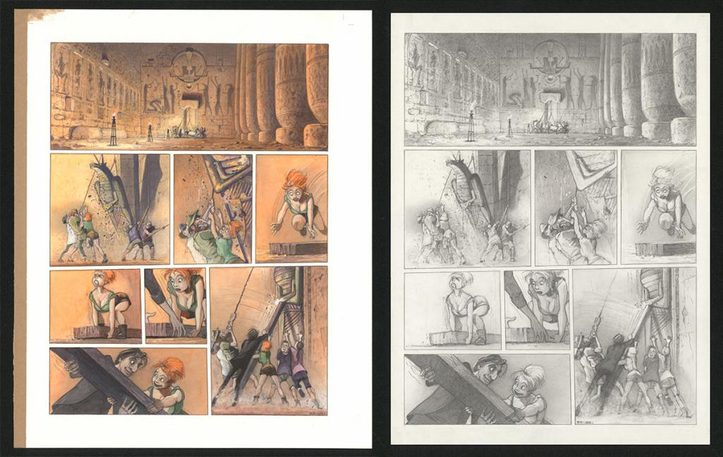 Planche originale n°85 et sa première étape noir et blanc (page 89) - Paul & Gaëtan Brizzi - Aquarelle et crayon de cire sur papier Arches - 6384