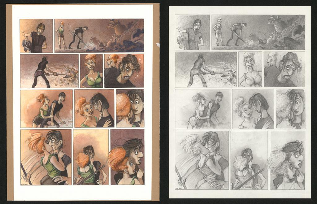 Planche originale n°87 et sa première étape noir et blanc (page 91) - Paul & Gaëtan Brizzi - Aquarelle et crayon de cire sur papier Arches - 6383