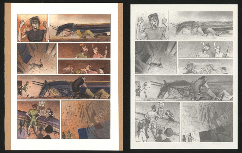 Planche originale n°90 et sa première étape noir et blanc (page 94) - Paul & Gaëtan Brizzi - Aquarelle et crayon de cire sur papier Arches - 6382