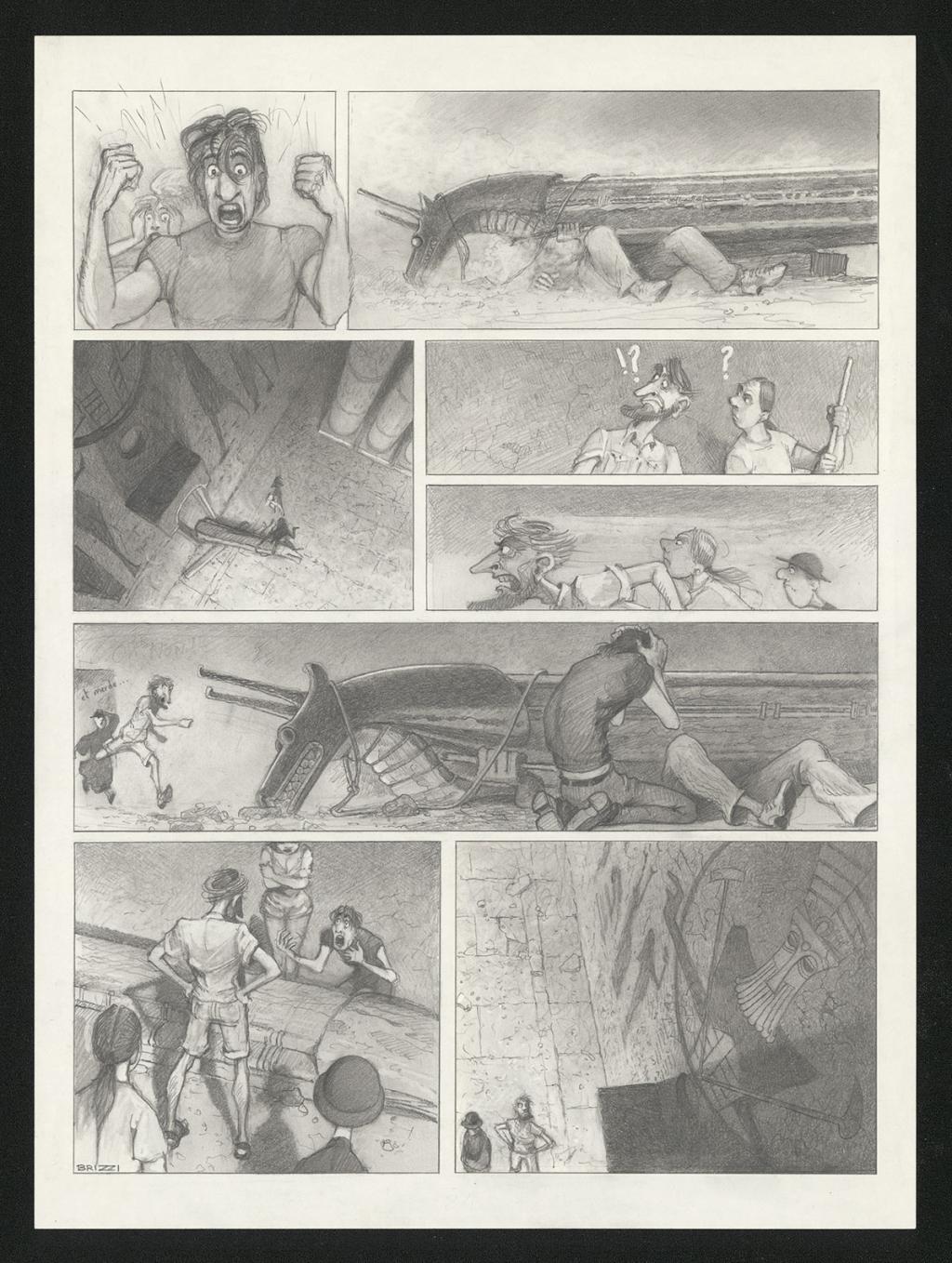 Planche originale n°90 et sa première étape noir et blanc (page 94) - Paul & Gaëtan Brizzi - Aquarelle et crayon de cire sur papier Arches - 6382