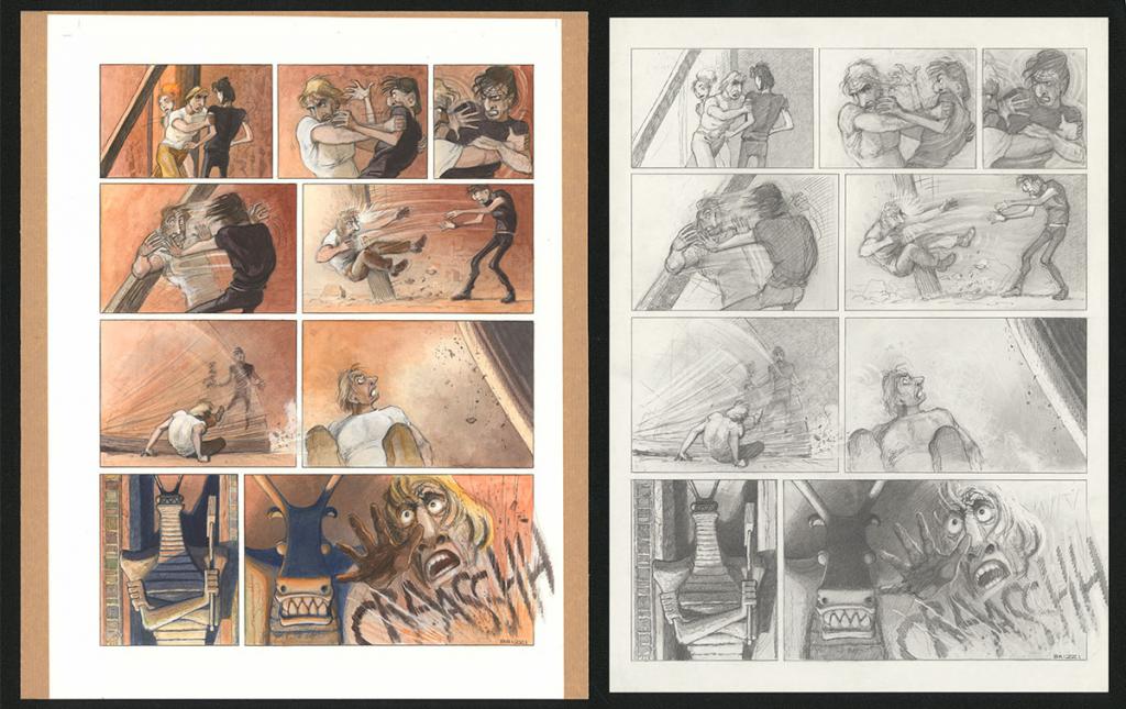 Planche originale n°89 et sa première étape noir et blanc (page 93) - Paul & Gaëtan Brizzi - Aquarelle et crayon de cire sur papier Arches - 6381