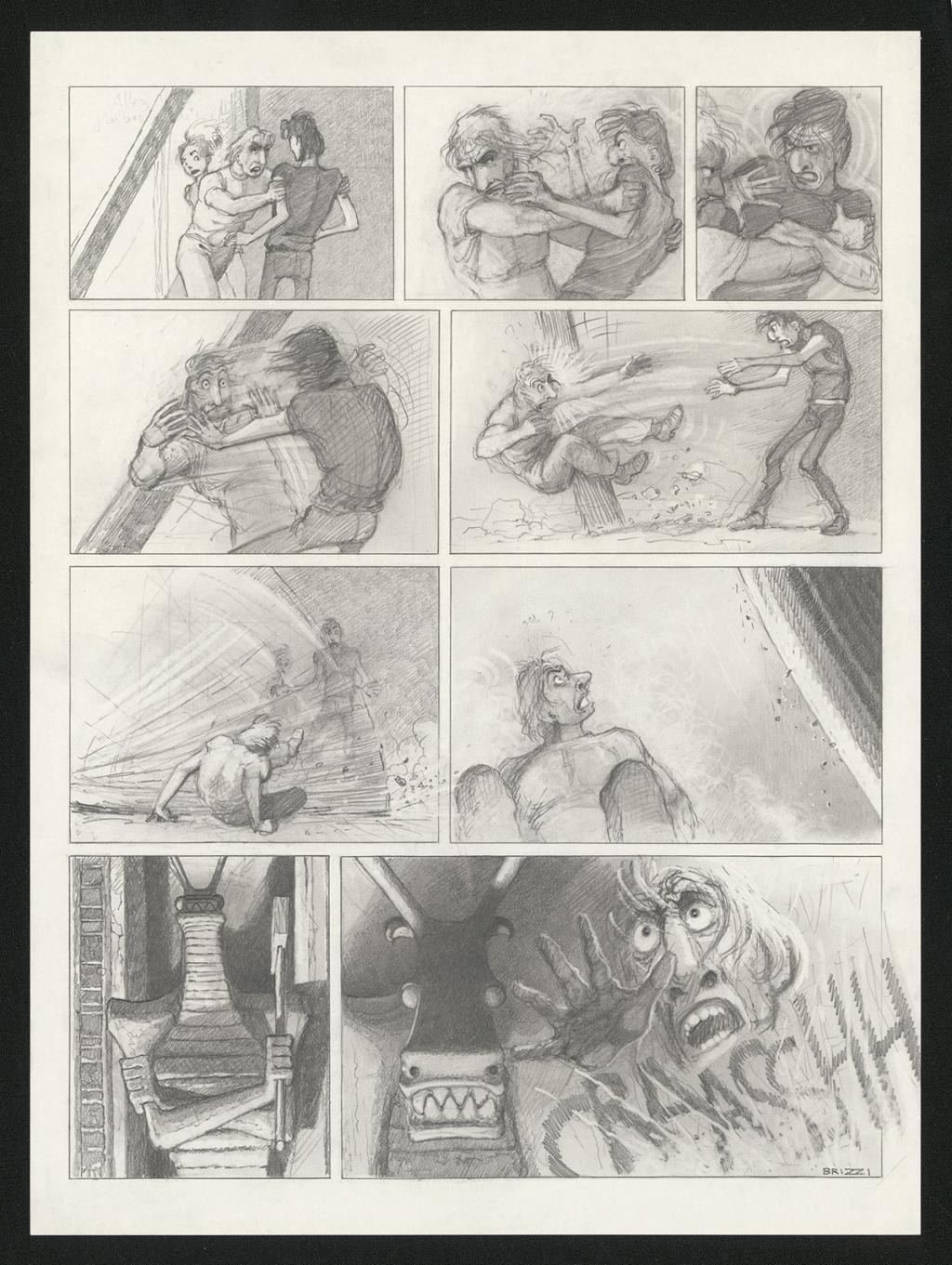 Planche originale n°89 et sa première étape noir et blanc (page 93) - Paul & Gaëtan Brizzi - Aquarelle et crayon de cire sur papier Arches - 6381