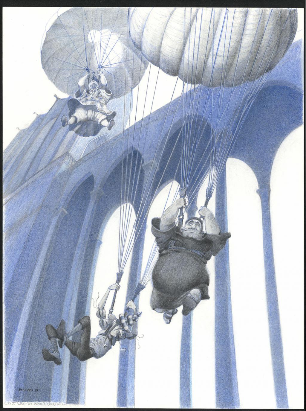Le Saut en parachute, illustration originale, chapitre 18, 2019 - Paul & Gaëtan Brizzi - Crayon de cire sur papier - 6380