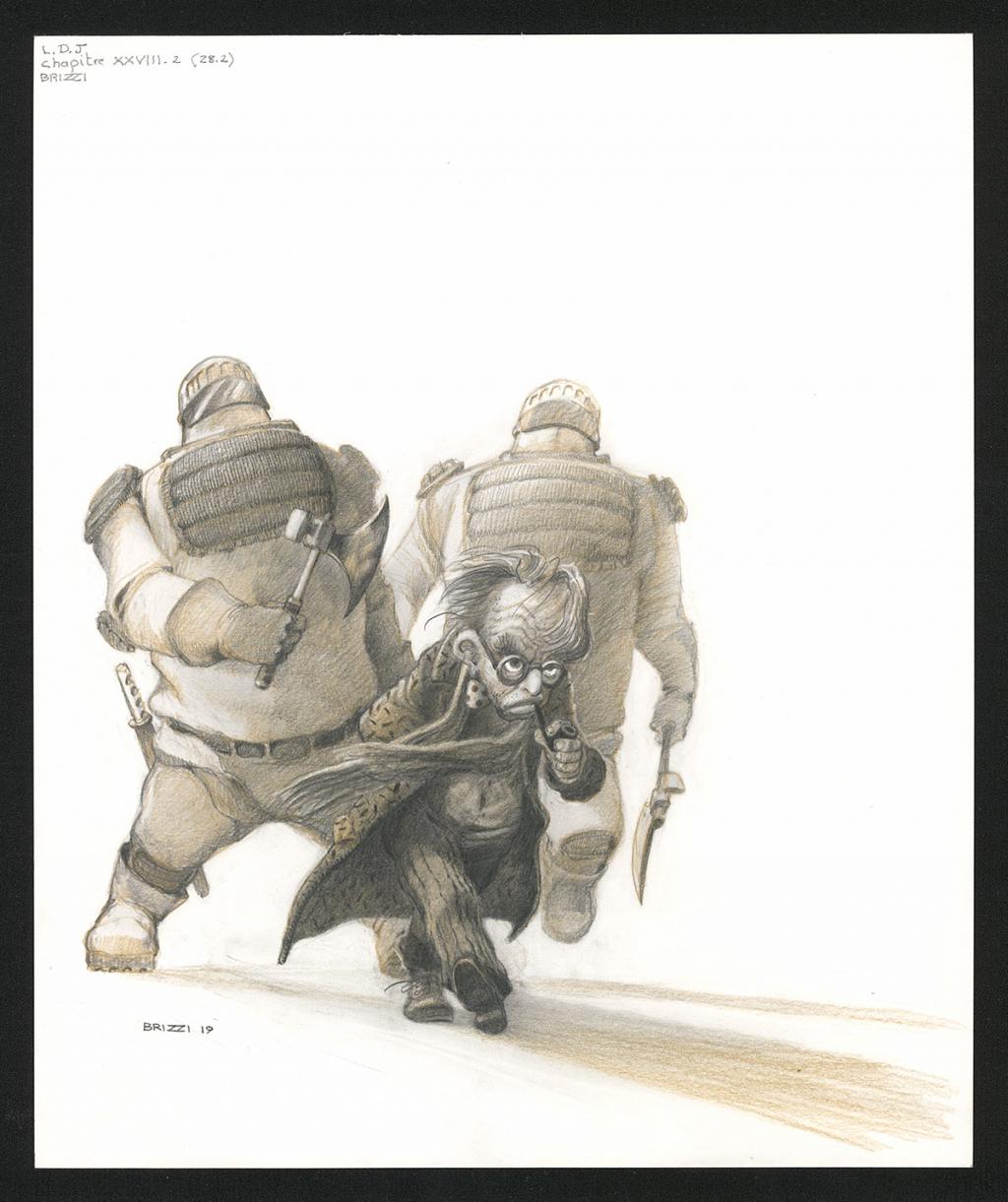 J.Sol Partre et ses gardes du corps, illustration originale, chapitre 28, 2019 - Paul & Gaëtan Brizzi - Crayon de cire sur papier - 6378