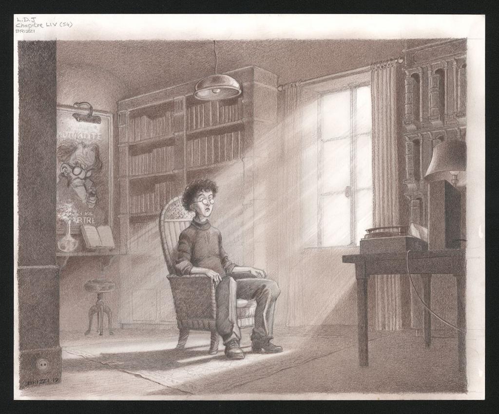 Chick et son tourne-disque, Illustration originale, chapitre 54, 2019 - Paul & Gaëtan Brizzi - Crayon de cire sur papier - 6377