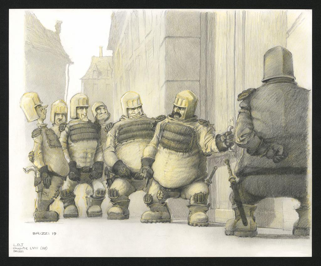 La police au portail, Illustration originale, chapitre 58, 2019 - Paul & Gaëtan Brizzi - Crayon de cire sur papier - 6376