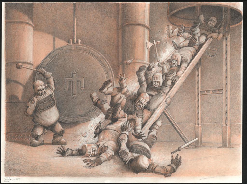 Le toboggan, Illustration originale, chapitre 55, 2019 - Paul & Gaëtan Brizzi - Crayon de cire sur papier - 6375