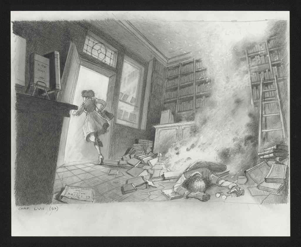 Le feu à la librairie, Illustration originale, chapitre 57, 2019 - Paul & Gaëtan Brizzi - Crayon de cire sur papier - 6374