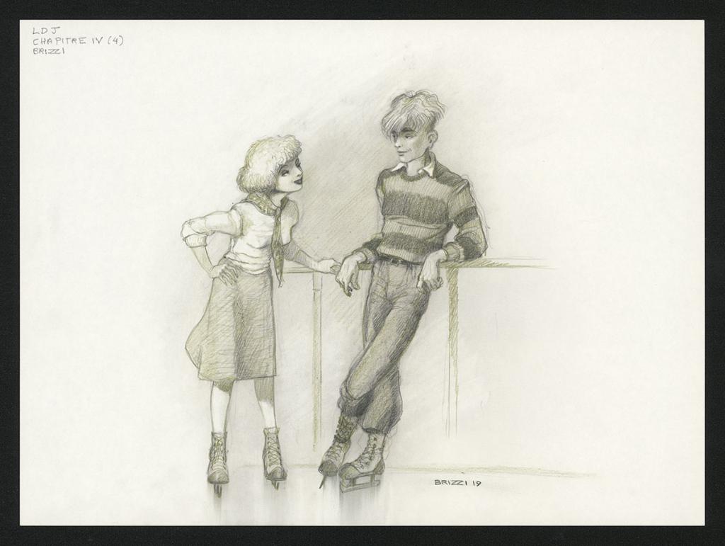 Colin et Isis à la patinoire, illustration originale, chapitre 4, 2019 - Paul & Gaëtan Brizzi - Crayon de cire sur papier - 6370