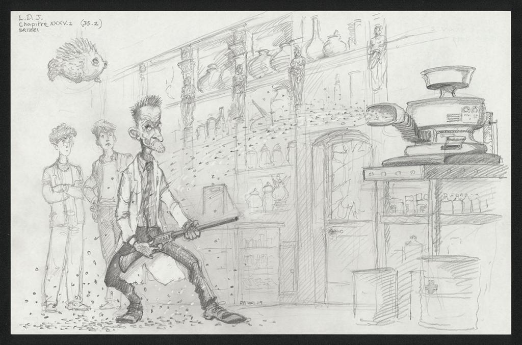 Le Pharmacien forcené,illustration originale, chapitre 35, 2019 - Paul & Gaëtan Brizzi - Crayon de cire sur papier - 6365