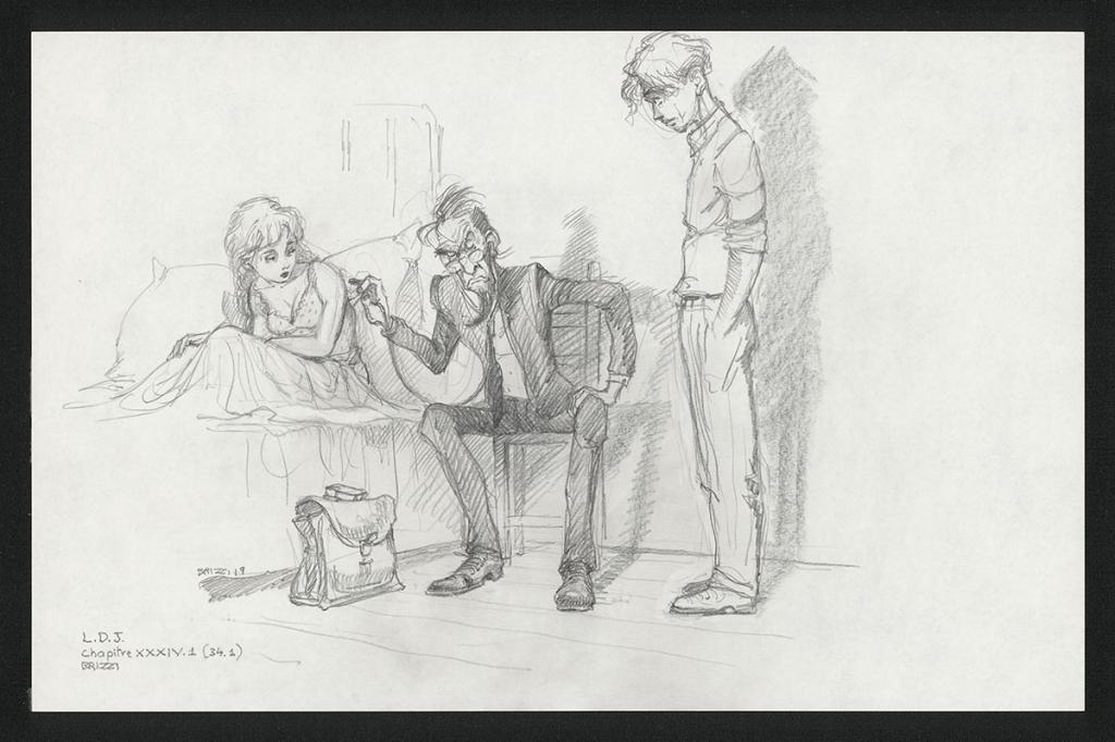 Mangemanche ausculte Chloé, illustration originale, chapitre 34, 2019 - Paul & Gaëtan Brizzi - Crayon de cire sur papier - 6364