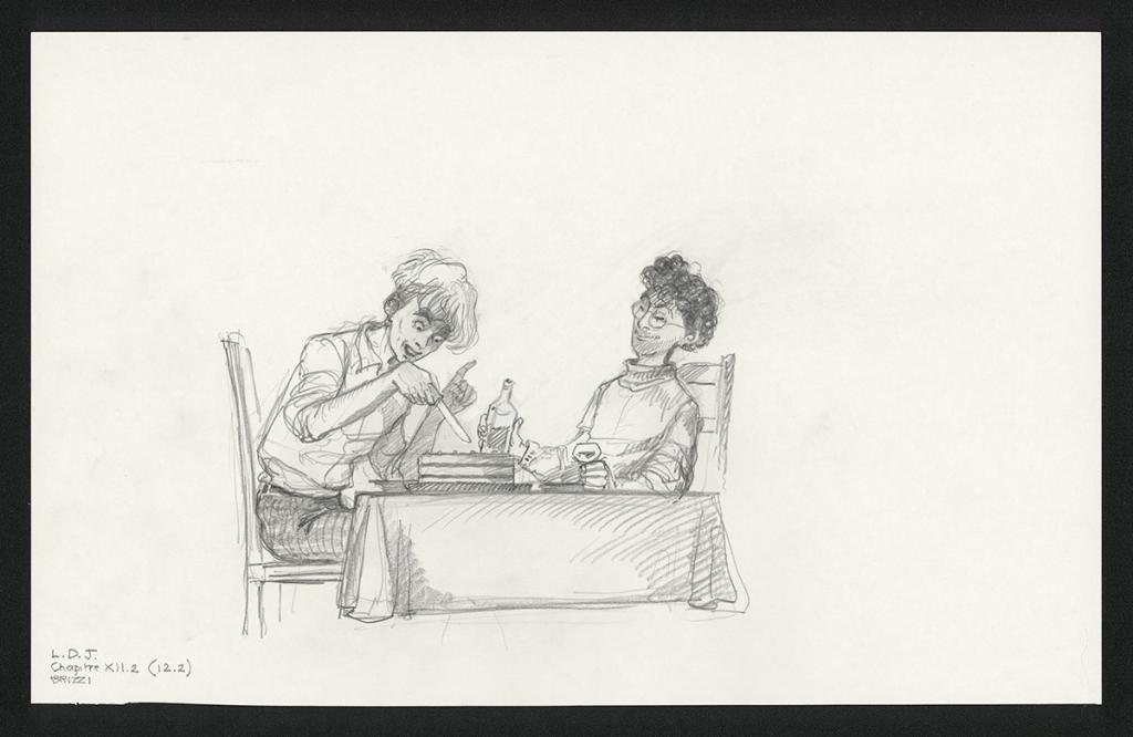 Colin et Chick à table, illustration originale, chapitre 12, 2019 - Paul & Gaëtan Brizzi - Crayon de cire sur papier - 6361