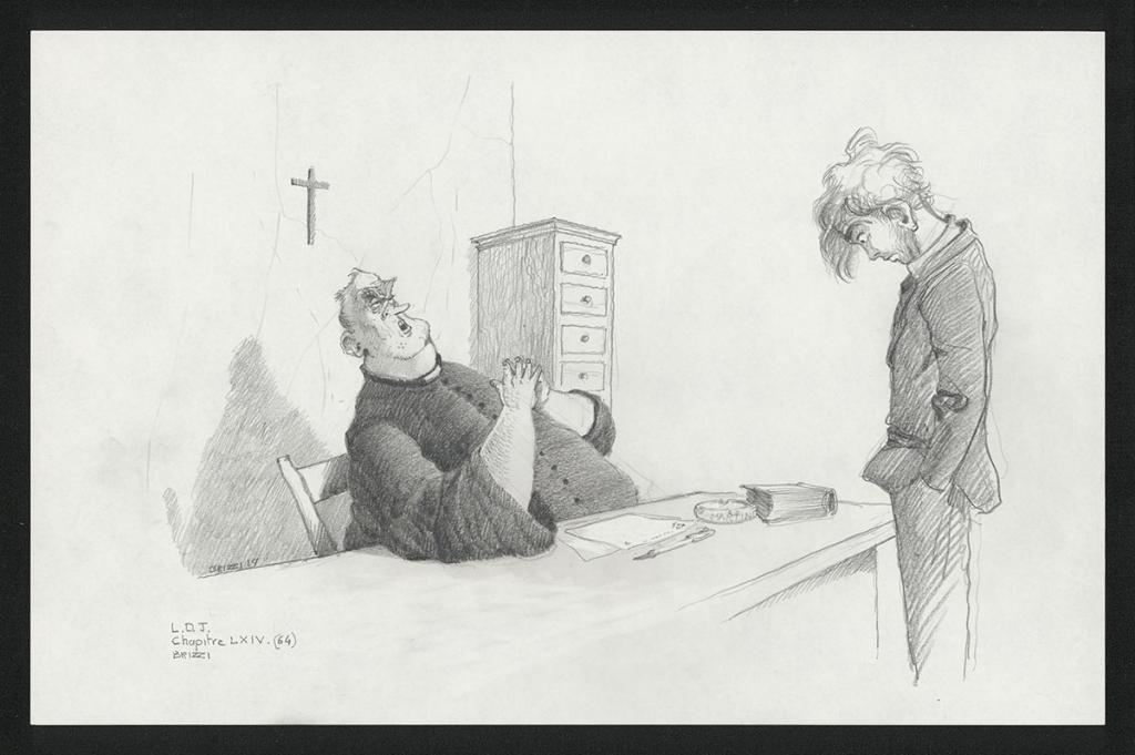 Discussion sur les obsèques, Illustration originale, chapitre 64, 2019 - Paul & Gaëtan Brizzi - Crayon de cire sur papier - 6358