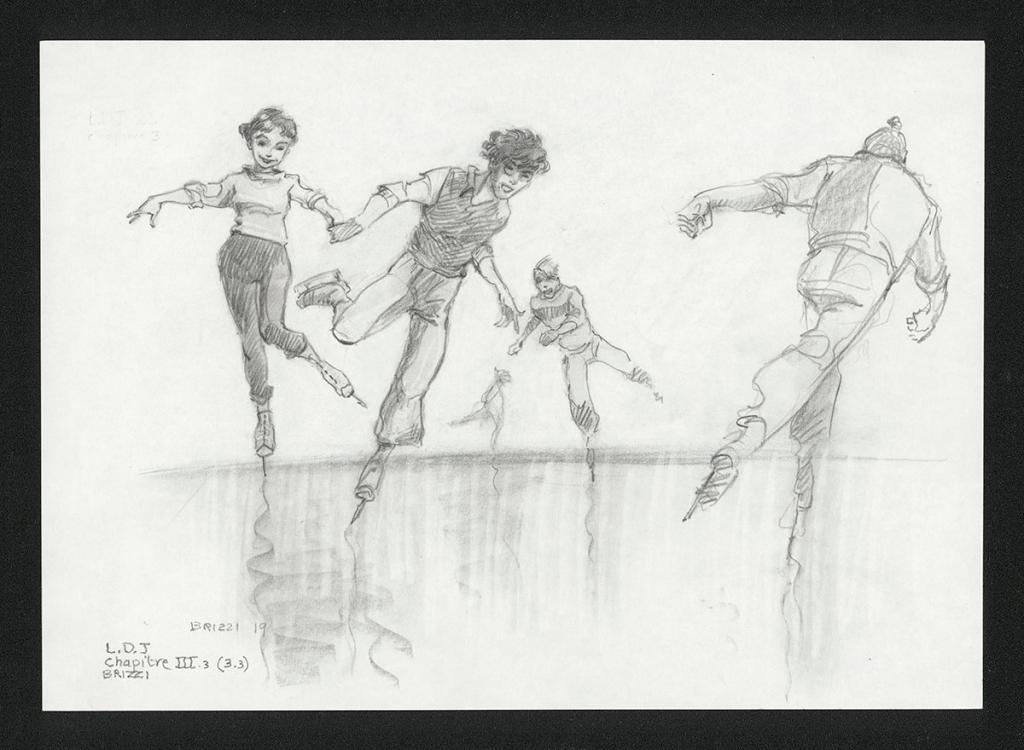 Le Patinage, illustration originale, chapitre 3, 2019 - Paul & Gaëtan Brizzi - Crayon de cire sur papier - 6355