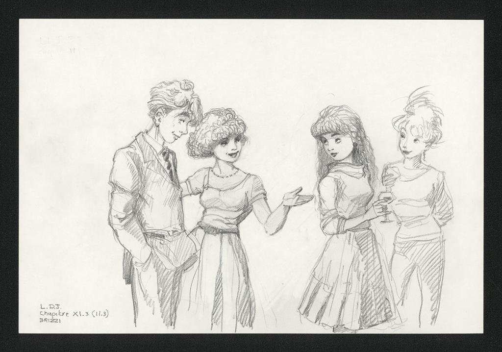 Isis présente Colin à Chloé, illustration originale, chapitre 11, 2019 - Paul & Gaëtan Brizzi - Crayon de cire sur papier - 6353