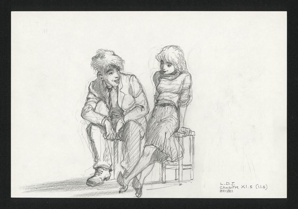 Colin et Chloé discutent, illustration originale, chapitre 11, 2019 - Paul & Gaëtan Brizzi - Crayon de cire sur papier - 6348