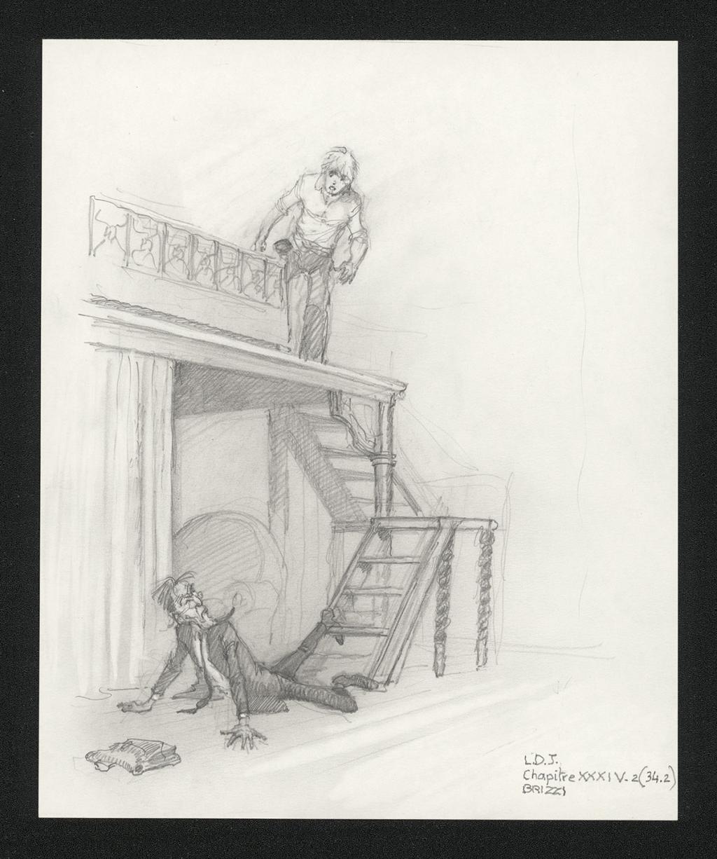 Mangemanche loupe une marche, illustration originale, chapitre 34, 2019 - Paul & Gaëtan Brizzi - Crayon de cire sur papier - 6495