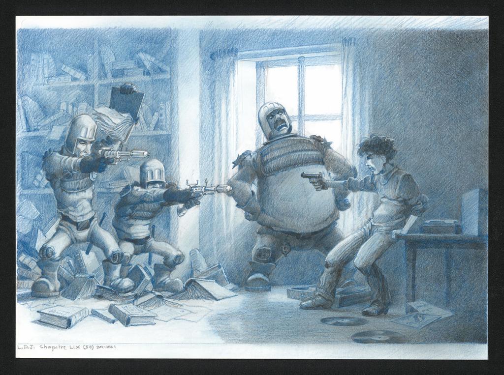 La police menace Chick, Illustration originale, chapitre 59, 2019 - Paul & Gaëtan Brizzi - Crayon de cire sur papier - 6346