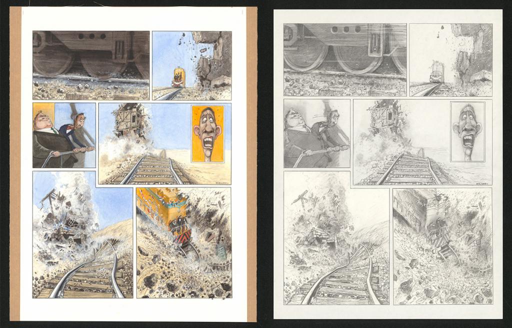 Planche originale n°108 et sa première étape en noir et blanc (page 112) - Paul & Gaëtan Brizzi - Aquarelle et crayon de cire sur papier Arches - 6493