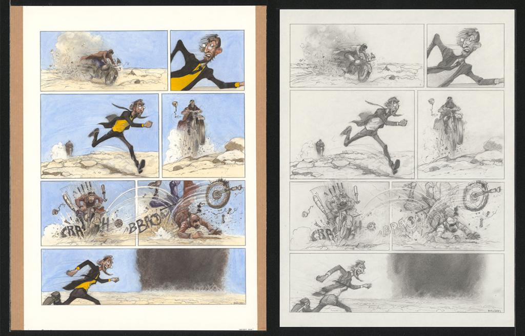 Planche originale n°95 et sa première étape en noir et blanc (page 99) - Paul & Gaëtan Brizzi - Aquarelle et crayon de cire sur papier Arches - 6344