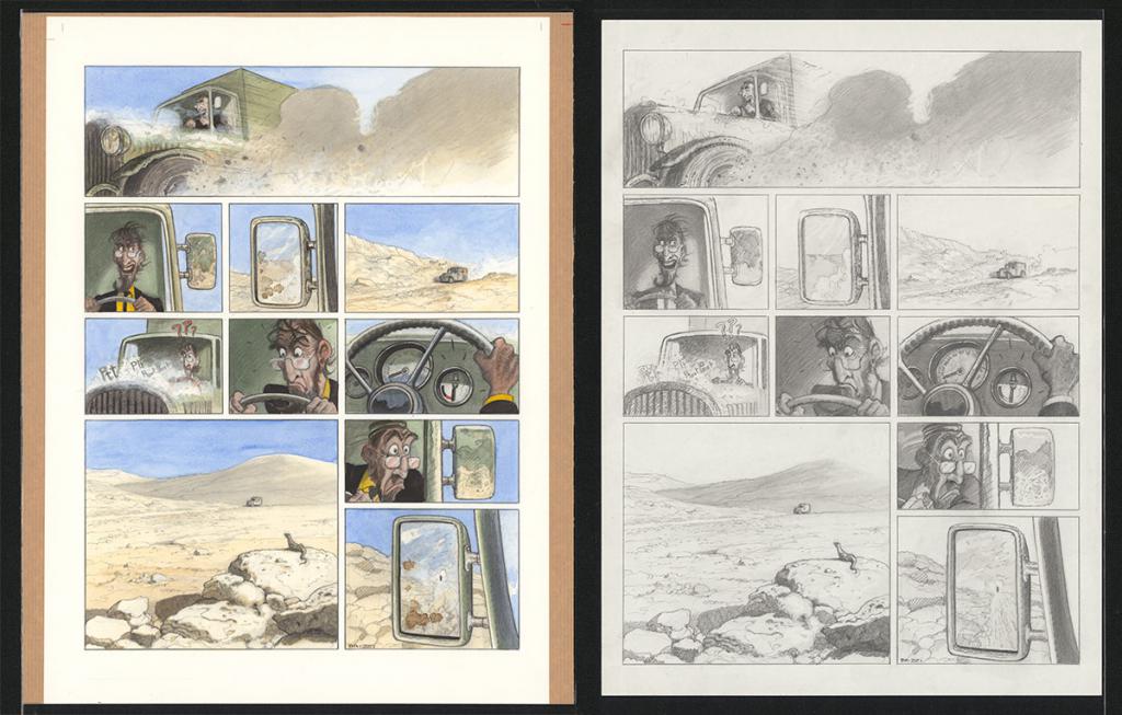 Planche originale n°93 et sa première étape en noir et blanc (page 97) - Paul & Gaëtan Brizzi - Aquarelle et crayon de cire sur papier Arches - 6343