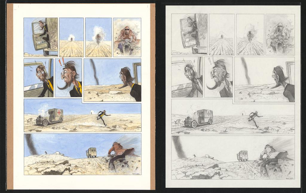 Planche originale n°94 et sa première étape en noir et blanc (page 98) - Paul & Gaëtan Brizzi - Aquarelle et crayon de cire sur papier Arches - 6342