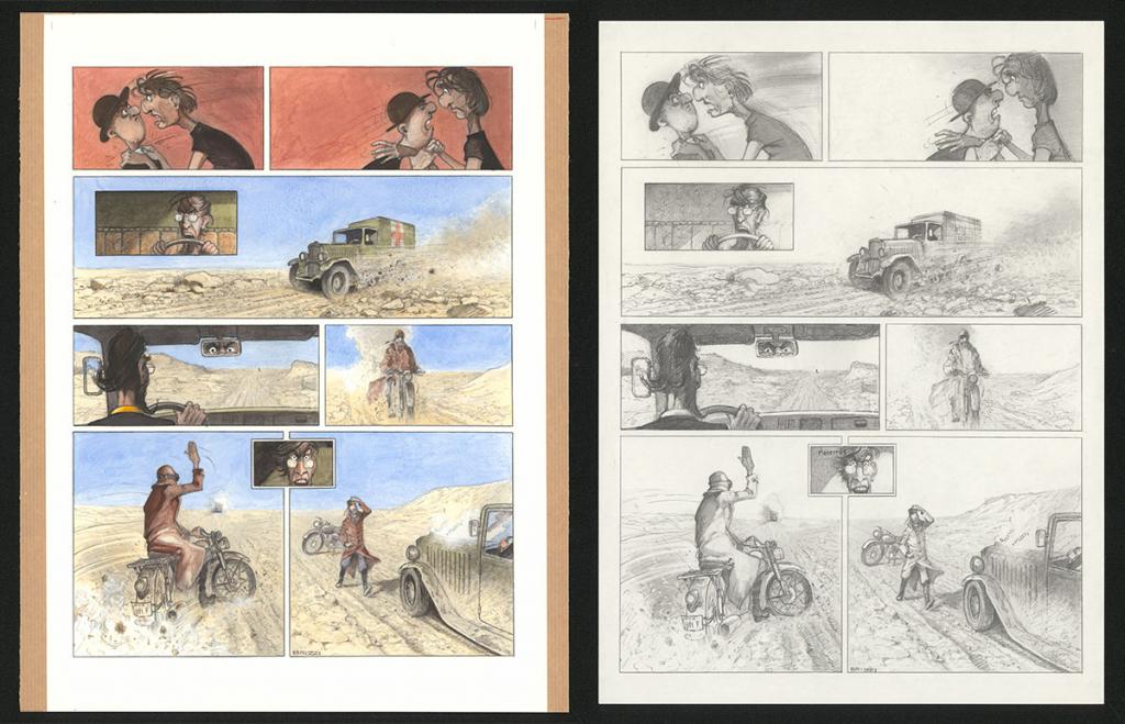 Planche originale n°91 et sa première étape en noir et blanc (page 95) - Paul & Gaëtan Brizzi - Aquarelle et crayon de cire sur papier Arches - 6341