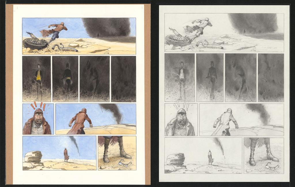 Planche originale n°96 et sa première étape en noir et blanc (page 100) - Paul & Gaëtan Brizzi - Aquarelle et crayon de cire sur papier Arches - 6492